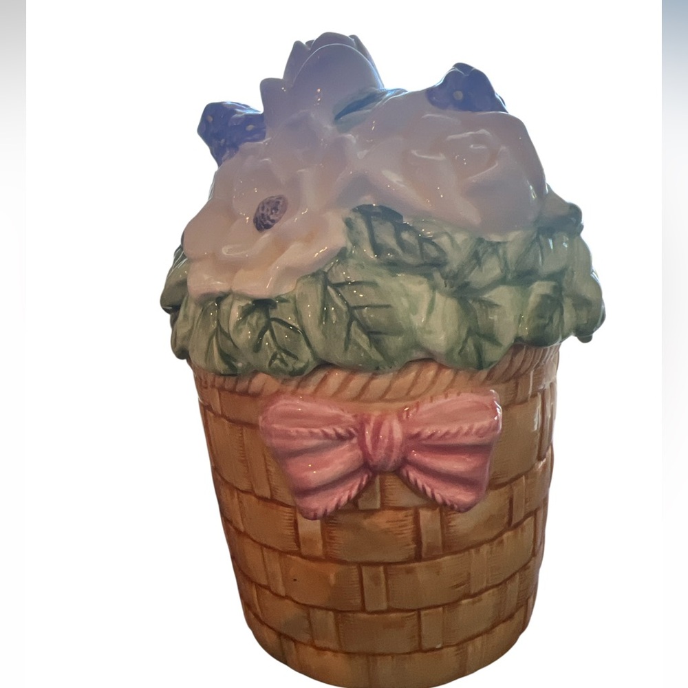 Sunshine Ceramic Flower Basket Canister Jar with Lid Pink Bow‎ Taiwan